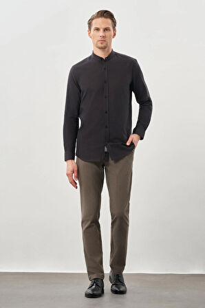 Siyah Uzun Kol Düz Bez Ayağı Hakim Yaka Cepsiz Pamuk Casual Slim Fit Gömlek 1004245270_001