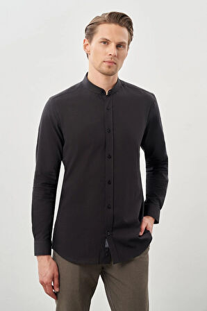 Siyah Uzun Kol Düz Bez Ayağı Hakim Yaka Cepsiz Pamuk Casual Slim Fit Gömlek 1004245270_001