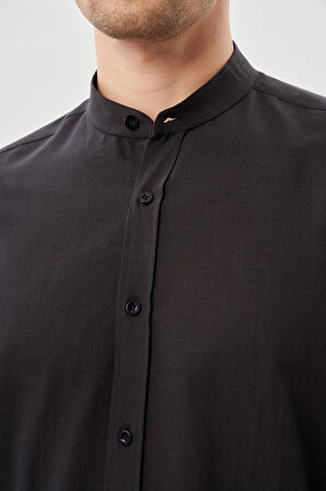Siyah Uzun Kol Düz Bez Ayağı Hakim Yaka Cepsiz Pamuk Casual Slim Fit Gömlek 1004245270_001