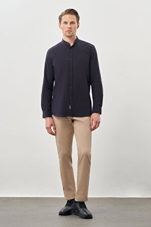 Lacivert Uzun Kol Düz Bez Ayağı Hakim Yaka Cepsiz Pamuk Casual Slim Fit Gömlek 1004245270_201