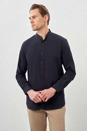 Lacivert Uzun Kol Düz Bez Ayağı Hakim Yaka Cepsiz Pamuk Casual Slim Fit Gömlek 1004245270_201
