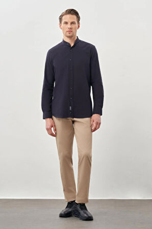Lacivert Uzun Kol Düz Bez Ayağı Hakim Yaka Cepsiz Pamuk Casual Slim Fit Gömlek 1004245270_201