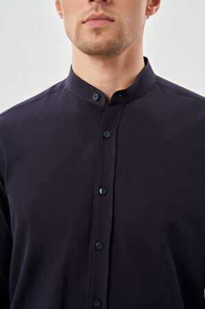 Lacivert Uzun Kol Düz Bez Ayağı Hakim Yaka Cepsiz Pamuk Casual Slim Fit Gömlek 1004245270_201