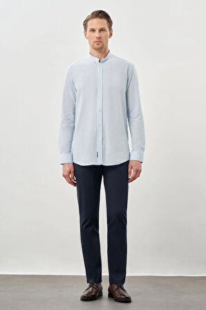 Koyu Mavi Uzun Kol Düz Bez Ayağı Hakim Yaka Cepsiz Pamuk Casual Slim Fit Gömlek 1004245270_300