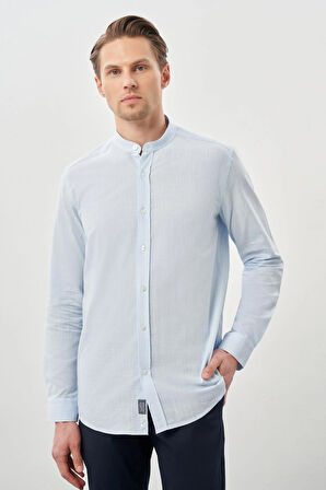 Koyu Mavi Uzun Kol Düz Bez Ayağı Hakim Yaka Cepsiz Pamuk Casual Slim Fit Gömlek 1004245270_300