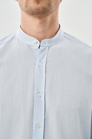 Koyu Mavi Uzun Kol Düz Bez Ayağı Hakim Yaka Cepsiz Pamuk Casual Slim Fit Gömlek 1004245270_300