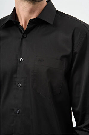 Siyah Uzun Kol Düz Bez Ayağı 041 Sert Yaka Classic Comfort Fit Gömlek 1004245323