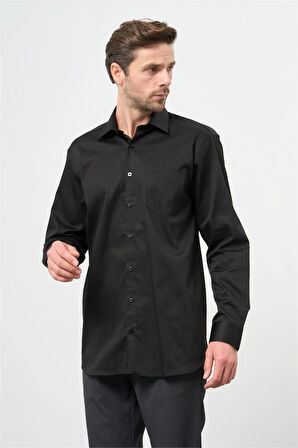 Siyah Uzun Kol Düz Bez Ayağı 041 Sert Yaka Classic Comfort Fit Gömlek 1004245323