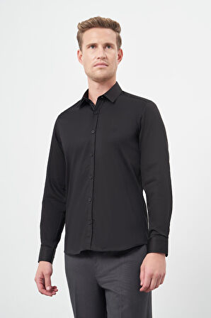 Siyah Uzun Kol Düz Bez Ayağı 032 Sert Yaka Classic Slim Fit Gömlek 1004245324
