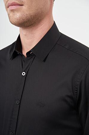 Siyah Uzun Kol Düz Bez Ayağı 032 Sert Yaka Classic Slim Fit Gömlek 1004245324