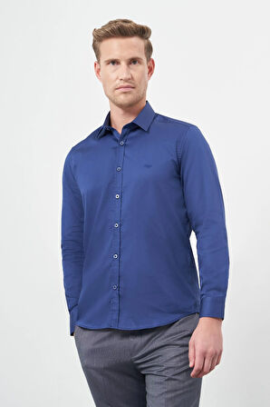 Lacivert Uzun Kol Düz Bez Ayağı 032 Sert Yaka Classic Slim Fit Gömlek 1004245324