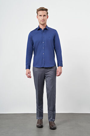 Lacivert Uzun Kol Düz Bez Ayağı 032 Sert Yaka Classic Slim Fit Gömlek 1004245324