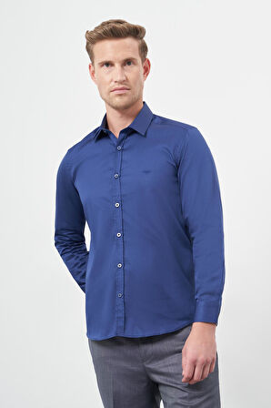 Lacivert Uzun Kol Düz Bez Ayağı 032 Sert Yaka Classic Slim Fit Gömlek 1004245324