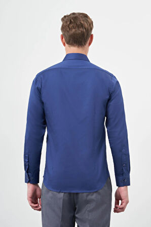 Lacivert Uzun Kol Düz Bez Ayağı 032 Sert Yaka Classic Slim Fit Gömlek 1004245324