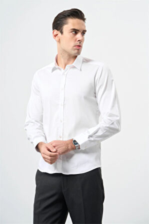 Beyaz Uzun Kol Düz Bez Ayağı 032 Sert Yaka Classic Slim Fit Gömlek 1004245324