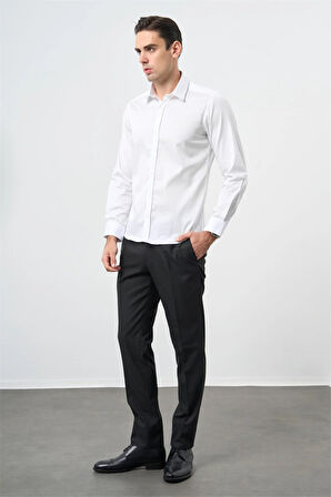 Beyaz Uzun Kol Düz Bez Ayağı 032 Sert Yaka Classic Slim Fit Gömlek 1004245324