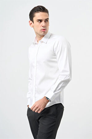 Beyaz Uzun Kol Düz Bez Ayağı 032 Sert Yaka Classic Slim Fit Gömlek 1004245324