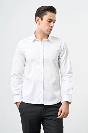 Beyaz Uzun Kol Düz Bez Ayağı 032 Sert Yaka Classic Slim Fit Gömlek 1004245324