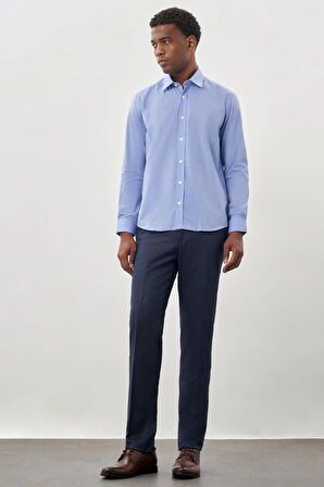 Mavi Uzun Kol Filafil Desen Filafil Sert Yaka Cepsiz Pamuklu Basic Slim Fit Gömlek 1004250008_302