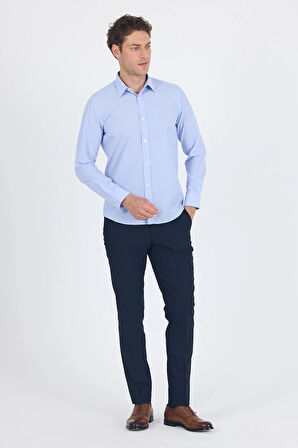 Mavi Uzun Kol Filafil Desen Filafil Sert Yaka Cepsiz Pamuklu Basic Slim Fit Gömlek 1004250008_304