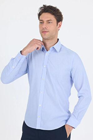 Mavi Uzun Kol Filafil Desen Filafil Sert Yaka Cepsiz Pamuklu Basic Slim Fit Gömlek 1004250008_304