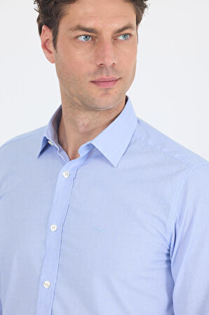 Mavi Uzun Kol Filafil Desen Filafil Sert Yaka Cepsiz Pamuklu Basic Slim Fit Gömlek 1004250008_304