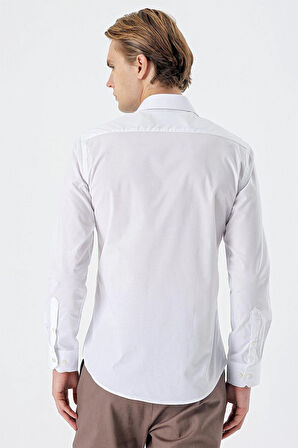 Beyaz Uzun Kol Filafil Desen Filafil Sert Yaka Cepsiz Pamuklu Basic Slim Fit Gömlek 1004250008_600