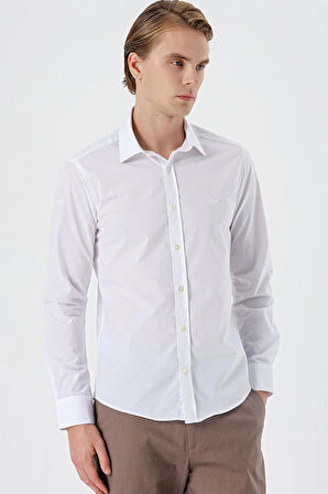 Beyaz Uzun Kol Filafil Desen Filafil Sert Yaka Cepsiz Pamuklu Basic Slim Fit Gömlek 1004250008_600