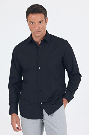 Siyah Uzun Kol Düz Bez Ayağı Sert Yaka Cep 30 Pamuklu Basic Comfort Fit Gömlek 1004250051_001