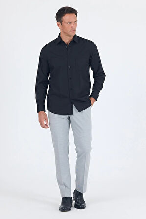 Siyah Uzun Kol Düz Bez Ayağı Sert Yaka Cep 30 Pamuklu Basic Comfort Fit Gömlek 1004250051_001