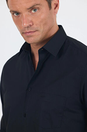 Siyah Uzun Kol Düz Bez Ayağı Sert Yaka Cep 30 Pamuklu Basic Comfort Fit Gömlek 1004250051_001