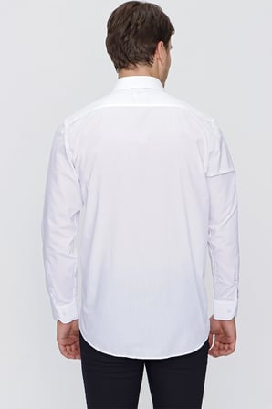 Beyaz Uzun Kol Düz Bez Ayağı Sert Yaka Cep 30 Pamuklu Basic Comfort Fit Gömlek 1004250051_600