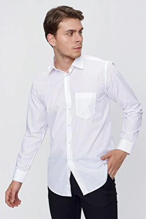 Beyaz Uzun Kol Düz Bez Ayağı Sert Yaka Cep 30 Pamuklu Basic Comfort Fit Gömlek 1004250051_600