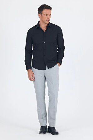 Siyah Uzun Kol Düz Bez Ayağı Sert Yaka Cepsiz Pamuklu Basic Slim Fit Gömlek 1004250057_001