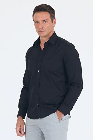 Siyah Uzun Kol Düz Bez Ayağı Sert Yaka Cepsiz Pamuklu Basic Slim Fit Gömlek 1004250057_001