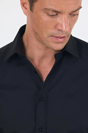 Siyah Uzun Kol Düz Bez Ayağı Sert Yaka Cepsiz Pamuklu Basic Slim Fit Gömlek 1004250057_001