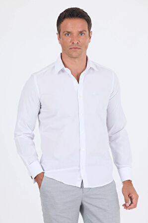 Beyaz Uzun Kol Düz Sert Yaka Cepsiz Pamuklu Basic Slim Fit Gömlek 1004250059_600