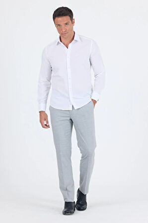 Beyaz Uzun Kol Düz Sert Yaka Cepsiz Pamuklu Basic Slim Fit Gömlek 1004250059_600
