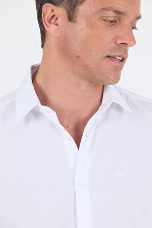 Beyaz Uzun Kol Düz Sert Yaka Cepsiz Pamuklu Basic Slim Fit Gömlek 1004250059_600