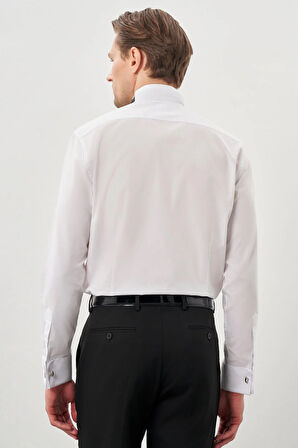 Beyaz Uzun Kol Düz Bez Ayağı Ata Yaka Cepsiz Pamuklu Basic Slim Fit Gömlek 1004250060_600