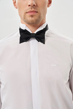 Beyaz Uzun Kol Düz Bez Ayağı Ata Yaka Cepsiz Pamuklu Basic Slim Fit Gömlek 1004250060_600