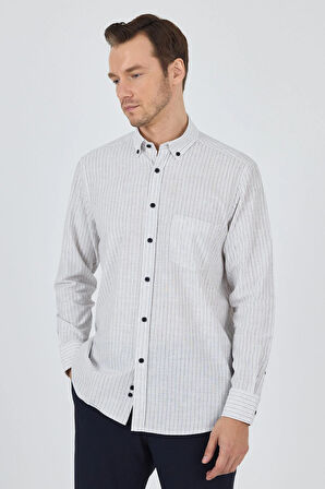 Uzun Kol Çizgili Desen Bez Ayağı Düğmeli Yaka cepli Pamuklu Casual Comfort Fit Gömlek 1004250100