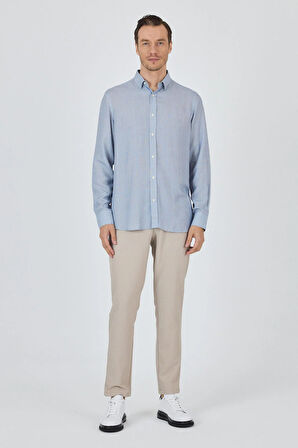 Koyu Mavi Uzun Kol Baskılı Cepsiz Keten Casual Slim Fit Gömlek 1004250112