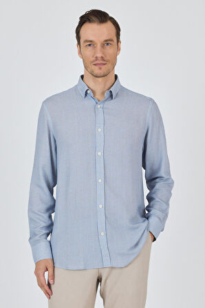 Koyu Mavi Uzun Kol Baskılı Cepsiz Keten Casual Slim Fit Gömlek 1004250112