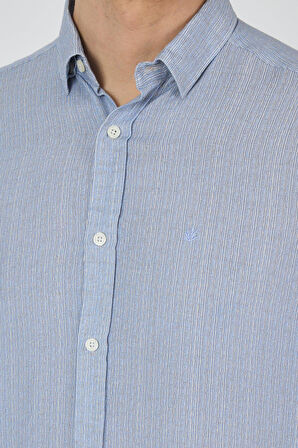 Koyu Mavi Uzun Kol Baskılı Cepsiz Keten Casual Slim Fit Gömlek 1004250112