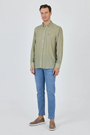 Koyu Haki Uzun Kol Baskılı Cepsiz Keten Casual Slim Fit Gömlek 1004250112