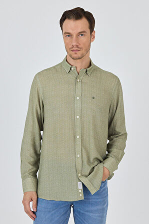 Koyu Haki Uzun Kol Baskılı Cepsiz Keten Casual Slim Fit Gömlek 1004250112