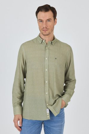 Koyu Haki Uzun Kol Baskılı Cepsiz Keten Casual Slim Fit Gömlek 1004250112