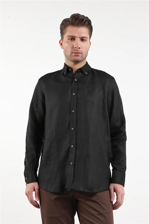 Uzun Kol Düz Keten Düğmeli Yaka Cepsiz Casual Comfort Fit Gömlek 1004250114