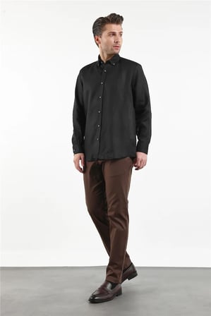 Uzun Kol Düz Keten Düğmeli Yaka Cepsiz Casual Comfort Fit Gömlek 1004250114